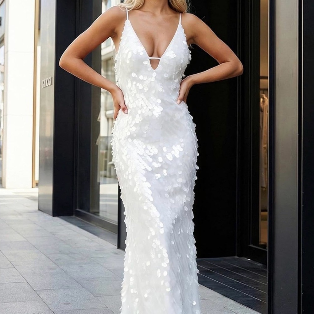 White Sequin Plunge Maxi Dress